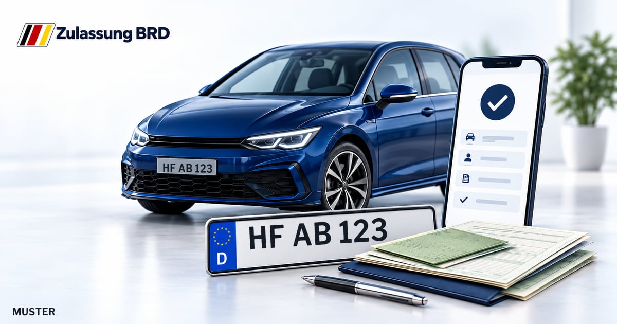 Online Fahrzeugzulassung in Vlotho: Musterkennzeichen HF AB 123, Auto und Fahrzeugpapiere und Smartphone. Illustration mit Logo von Zulassung BRD.